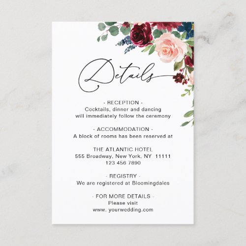 Burgundy Navy Eucalyptus Rose Wedding Details Enclosure Card