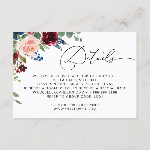 Burgundy Navy Eucalyptus Rose Wedding Details Enclosure Card