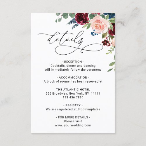 Burgundy Navy Eucalyptus Rose Wedding Details Enclosure Card