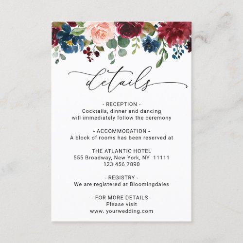 Burgundy Navy Eucalyptus Rose Wedding Details Enclosure Card