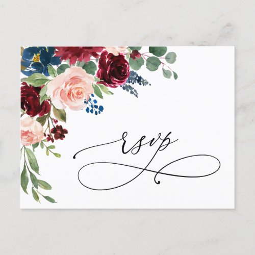Burgundy Navy Eucalyptus Rose Wedding RSVP Postcard