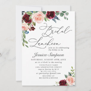 Burgundy Navy Eucalyptus Roses Bridal Luncheon Invitation