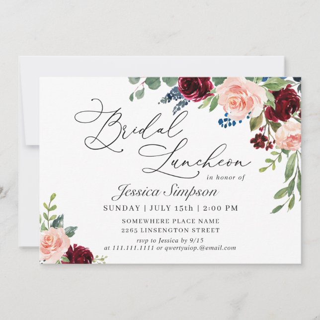 Burgundy Navy Eucalyptus Roses Bridal Luncheon Invitation (Front)