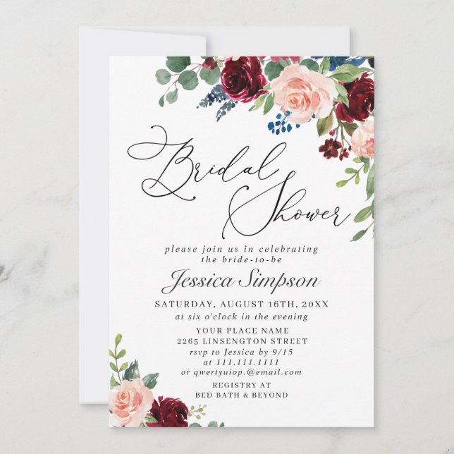 Burgundy Navy Eucalyptus Roses Bridal Shower Invitation (Front)