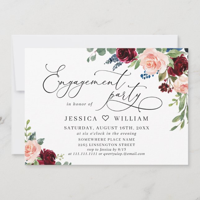 Burgundy Navy Eucalyptus Roses ENGAGEMENT PARTY Invitation (Front)