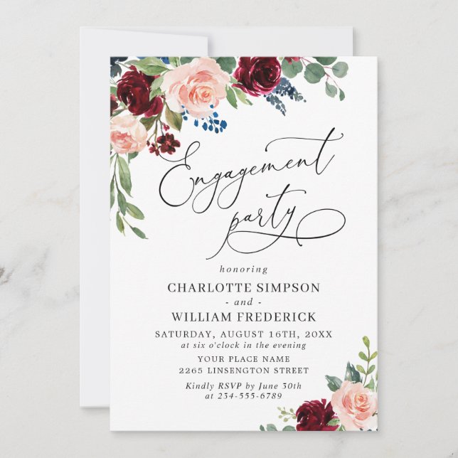 Burgundy Navy Eucalyptus Roses ENGAGEMENT PARTY Invitation (Front)