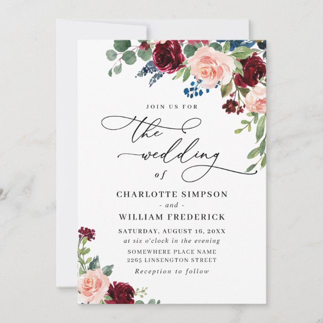Burgundy Navy Eucalyptus Roses Greenery Wedding Invitation (Front)