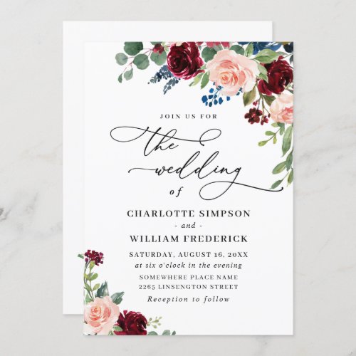 Burgundy Navy Eucalyptus Roses Greenery Wedding Invitation