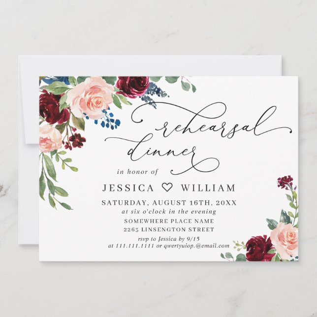 Burgundy Navy Eucalyptus Roses REHEARSAL DINNER Invitation (Front)