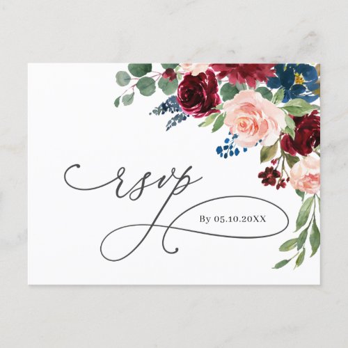 Burgundy Navy Eucalyptus Roses Wedding RSVP Postcard