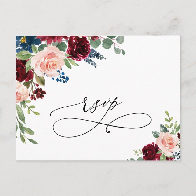 Burgundy Navy Eucalyptus Roses Wedding RSVP Postcard (Front)