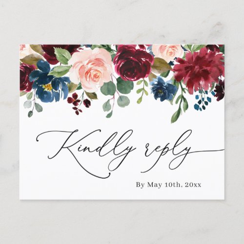 Burgundy Navy Eucalyptus Roses Wedding RSVP Postcard