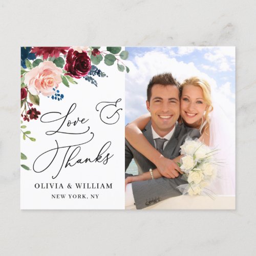 Burgundy Navy Eucalyptus Wedding Photo Thank You Postcard