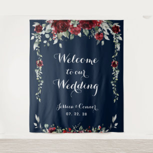 Burgundy Navy Eucalyptus Welcome To Our Wedding Tapestry