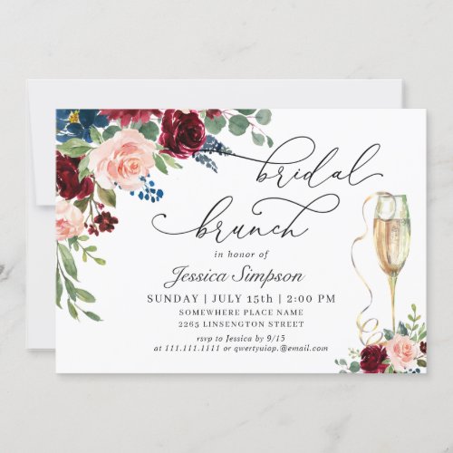 Burgundy Navy Eucalyptus White Roses Bridal Brunch Invitation