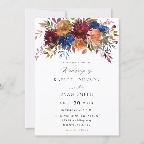 Burgundy  Navy Fall Floral Wedding V2 Invitation