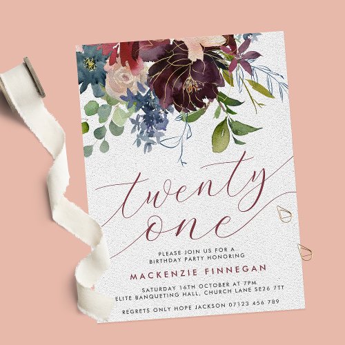 Burgundy  Navy Floral 21st Birthday Party Invitation