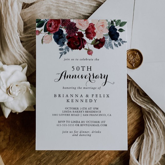Burgundy Navy Floral 50th Wedding Anniversary  Invitation (Creator Uploaded)