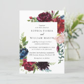 Burgundy Navy Floral All In One Wedding Invitation (Standing Front)