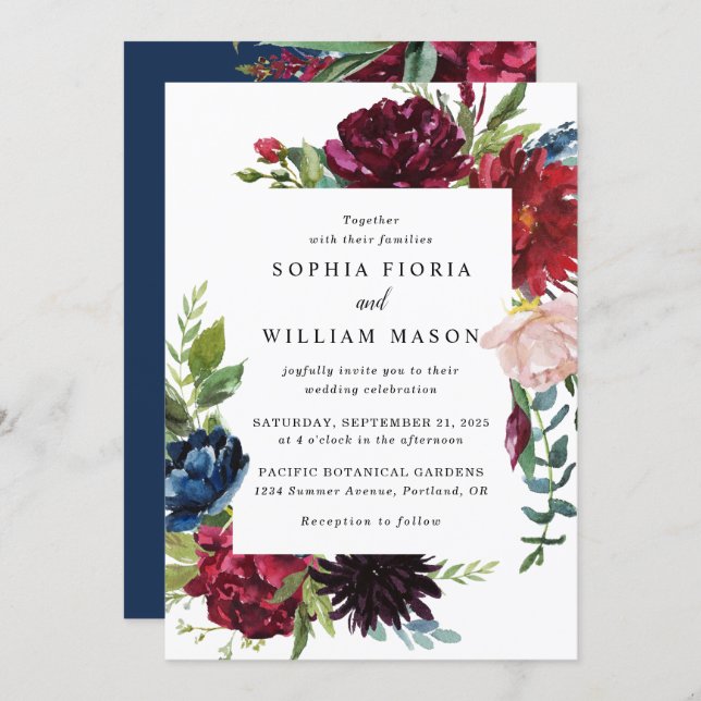 Burgundy Navy Floral All In One Wedding Invitation (Front/Back)