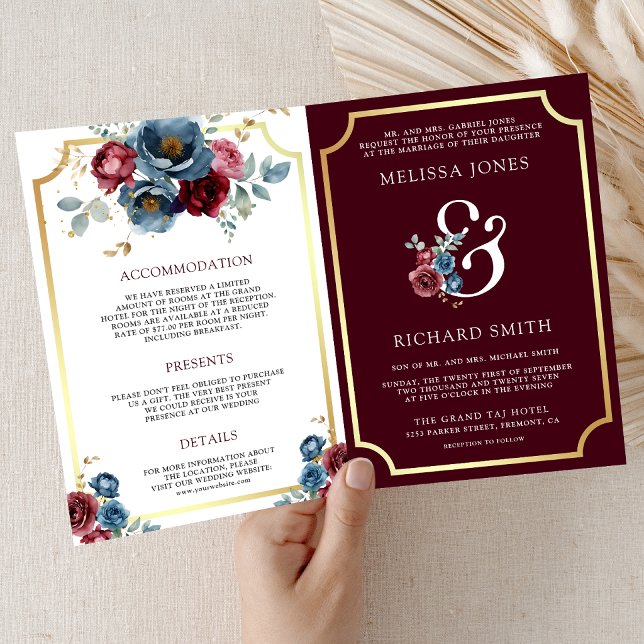 Burgundy Navy Floral Ampersand QR Code Wedding Invitation (Creator Uploaded)
