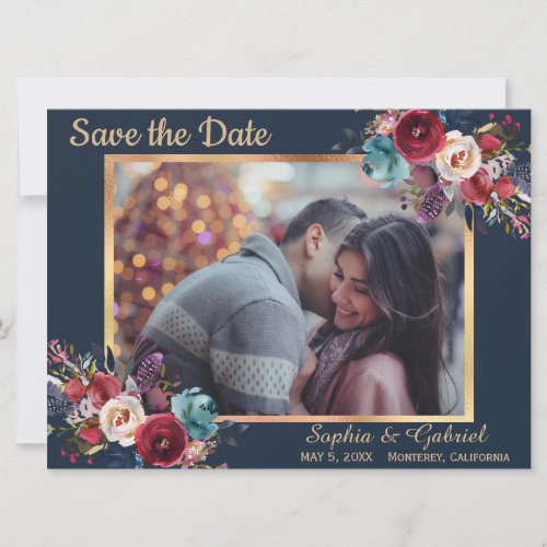 Burgundy Navy Floral Blue Photo Save the Date