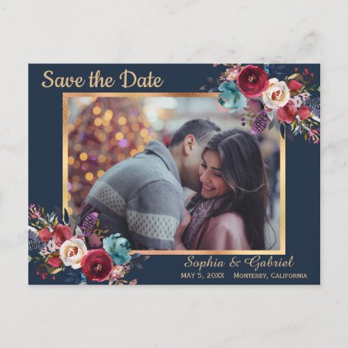 Burgundy Navy Floral Blue Photo Save the Date Announcement Postcard