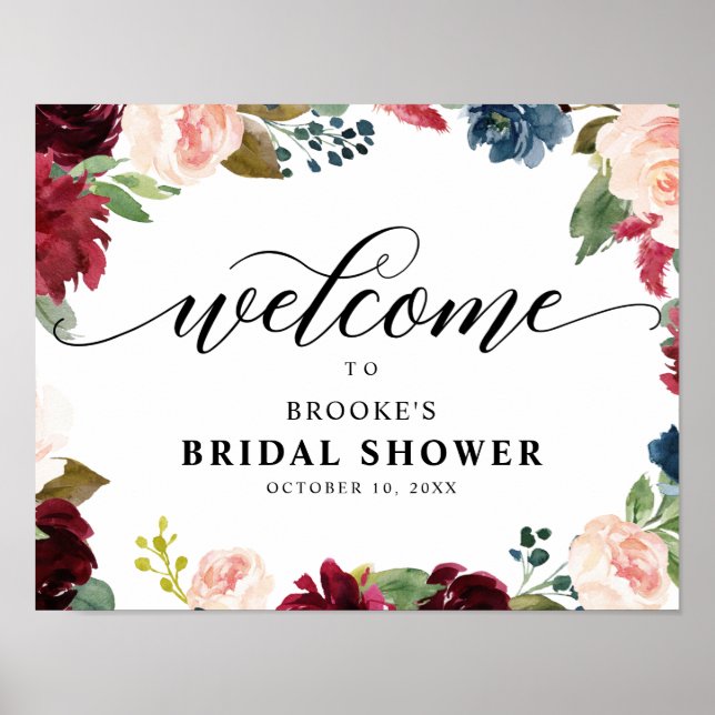 Burgundy Navy Floral Boho Bridal shower welcome Poster (Front)