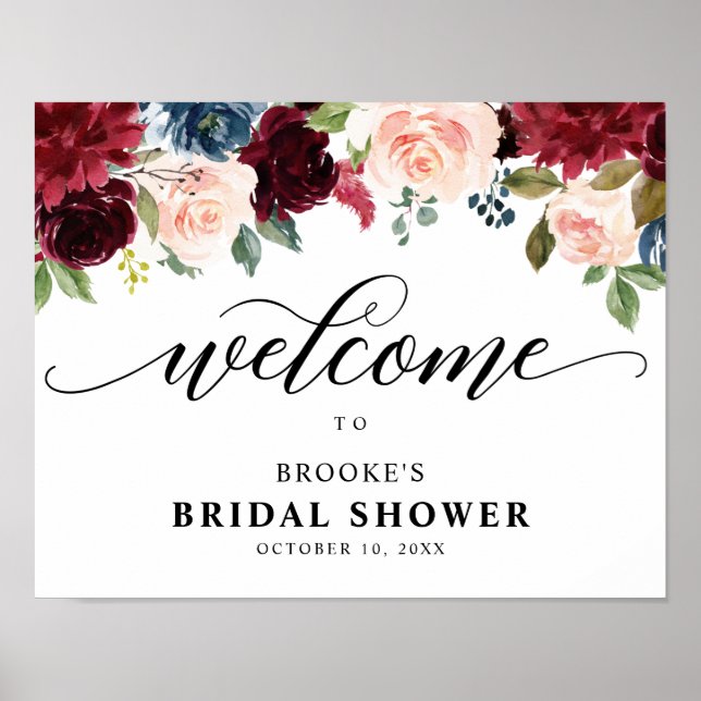Burgundy Navy Floral Boho Bridal shower welcome Poster (Front)