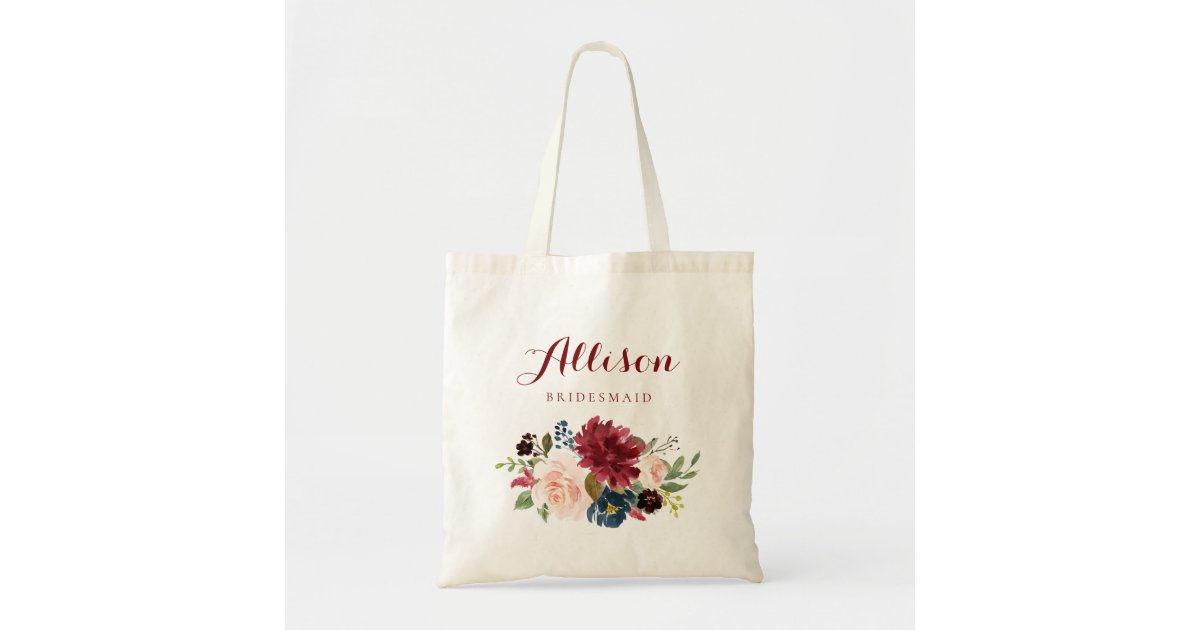 Burgundy Navy Floral bouquet bridesmaid Tote Bag | Zazzle.com