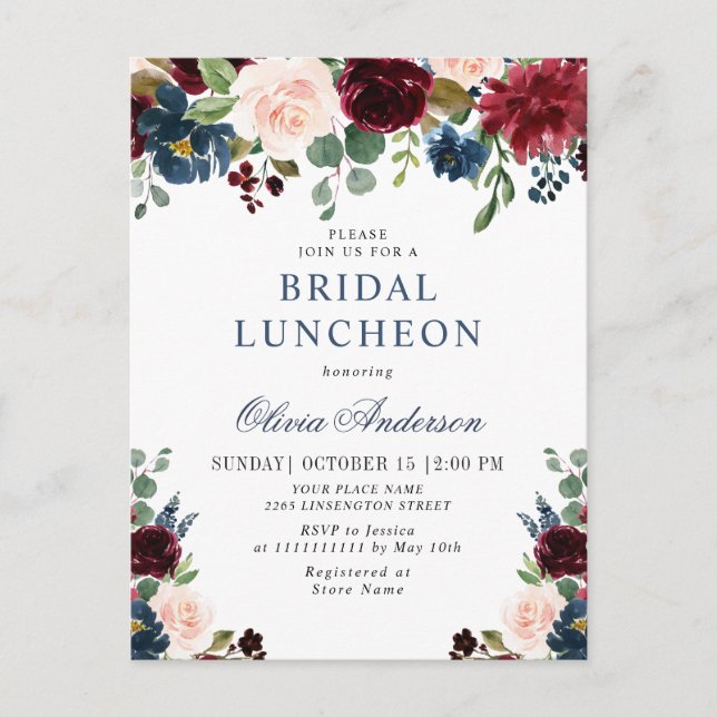 Burgundy Navy Floral BRIDAL  LUNCHEON Invitations (Front)