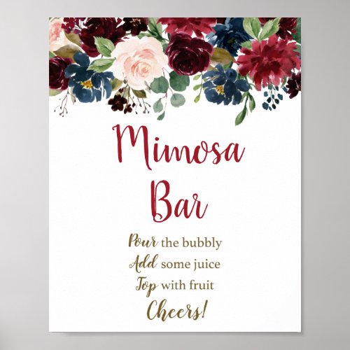 Burgundy  Navy Floral Bridal Mimosa Bar Sign