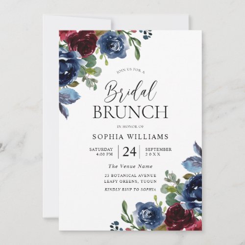 Burgundy  Navy Floral Bridal Shower Brunch Invitation