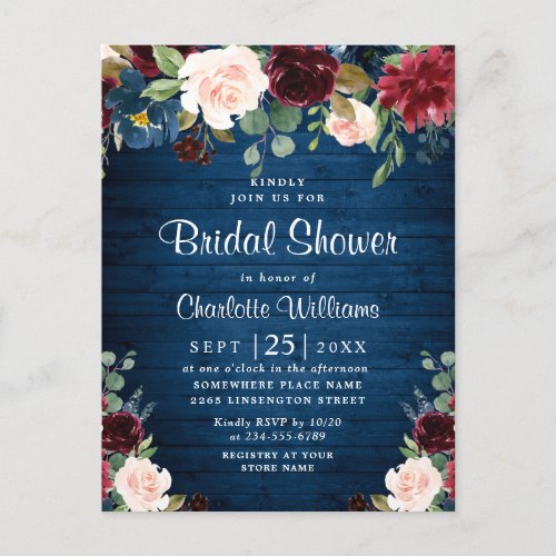 Burgundy Navy Floral Bridal Shower Invitations