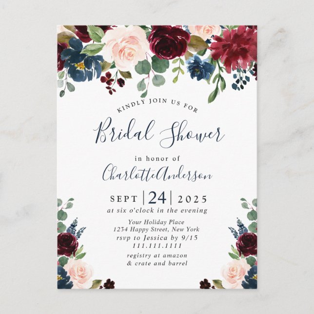 Burgundy Navy Floral Bridal Shower Invitations (Front)
