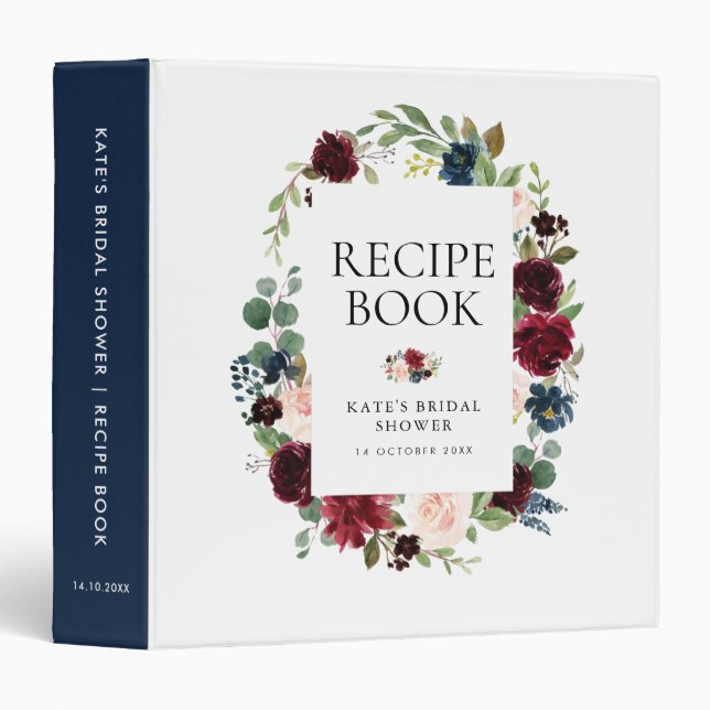 burgundy navy floral bridal shower recipe book 3 ring binder (Front/Spine)