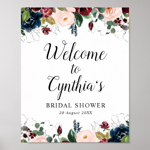 burgundy  navy floral bridal shower welcome sign