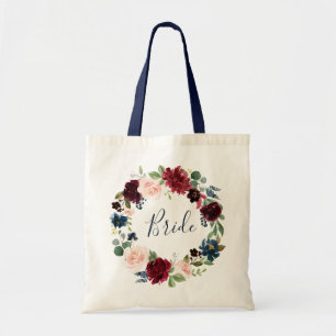 burgundy navy floral bride tote bag