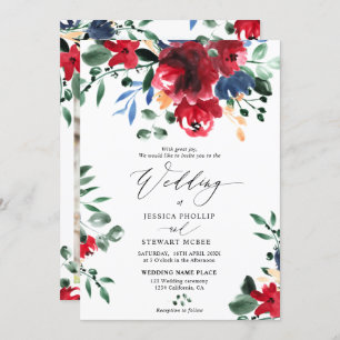 Burgundy navy floral calligraphy photo wedding invitation