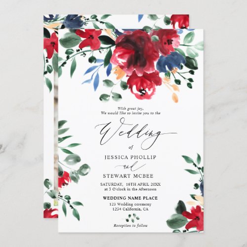 Burgundy navy floral calligraphy photo wedding invitation - A rustic fall winter elegant burgundy and navy blue floral watercolor and greenery leaves calligraphy wedding invitation , add your photo. With a beautiful brush calligraphy script.
