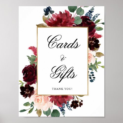 Burgundy Navy Floral Cards and Gifts Wedding Poster