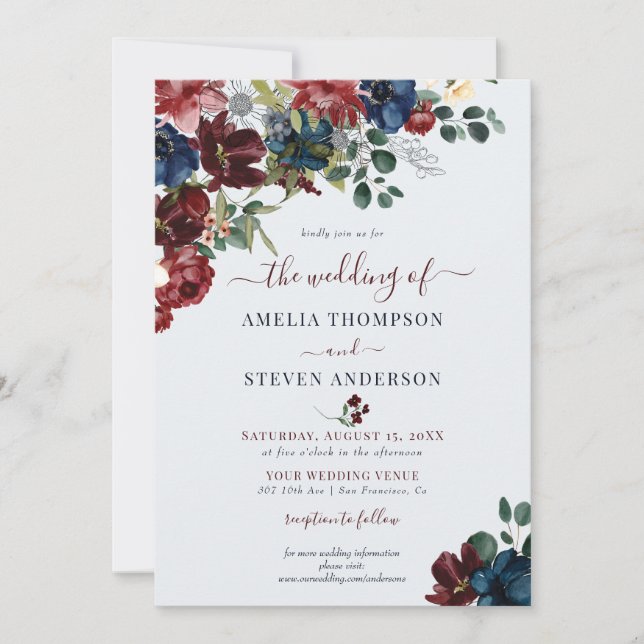 Burgundy & Navy Floral Classic Wedding Invitation (Front)
