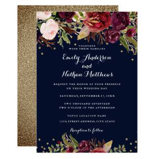 Burgundy Navy Floral Confetti Wedding Invitation