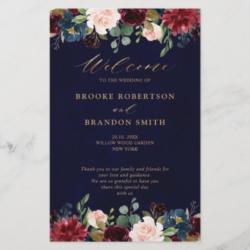 Burgundy Navy Floral Country Wedding Program