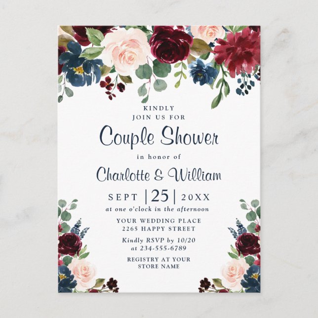 Burgundy Navy Floral Couple Shower Invitations (Front)