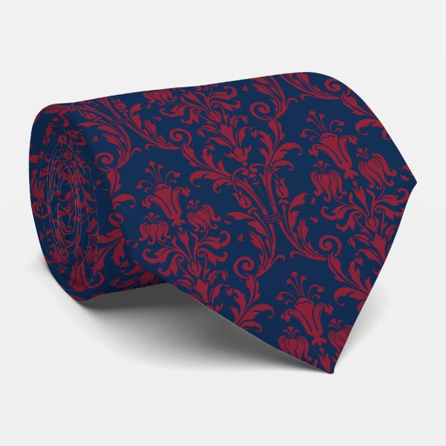 Burgundy Navy Floral Damask Wedding Neck Tie (Rolled)