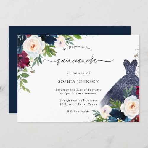 Burgundy  Navy Floral Dress Quinceanera Party Invitation