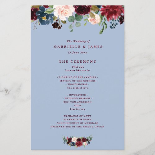 Burgundy navy floral dusty blue wedding program