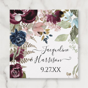 Burgundy Navy Floral Elegant Eucalyptus Foliage Favor Tags