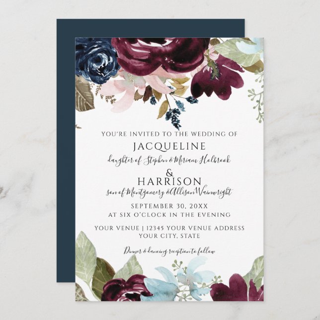 Burgundy Navy Floral Elegant Fall Foliage Wedding Invitation (Front/Back)